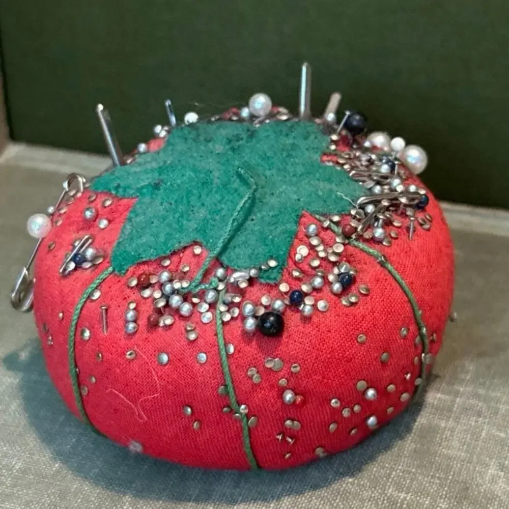 Vintage Tomato Pin Cushion • Fully Loaded • Estate Pins